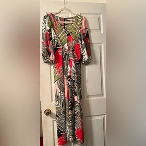Womens Hutch 3/4 balloon sleeve knit maxi jumpsuit. Lively tropical print